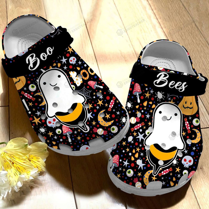 Halloween Boo Bees Pattern Crocs Crocband Clogs, Gift For Lover Halloween Boo Bees Crocs Comfy Footwear