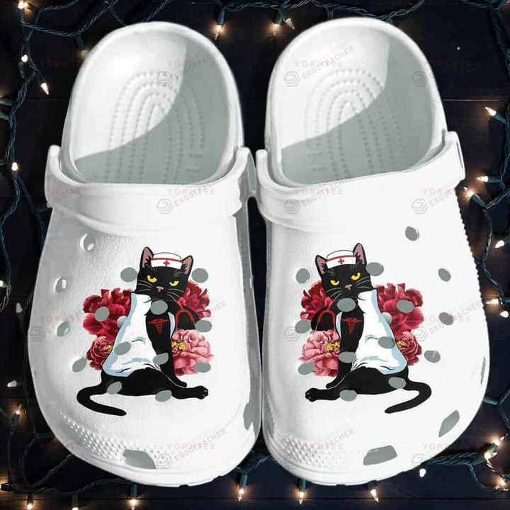 Black Cat Nurse Crocs Crocband Clogs, Gift For Lover Black Cat Nurse Crocs Comfy Footwear