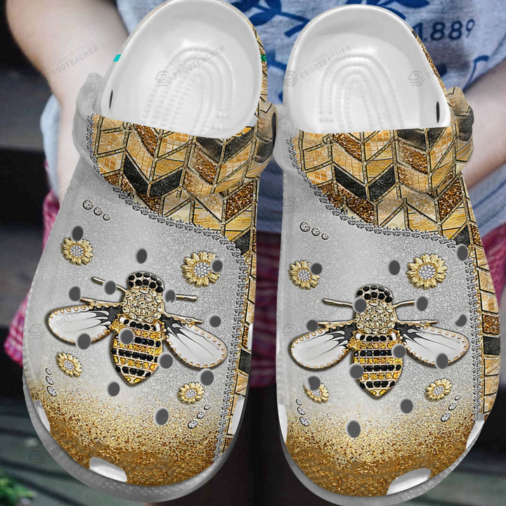 Glitter Bee Crocs Crocband Clogs, Gift For Lover Glitter Bee Crocs Comfy Footwear