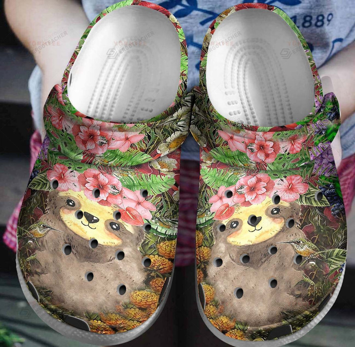Cute Flowers And Sloth Crocs Crocband Clogs, Gift For Lover Flowers And Sloth Crocs Comfy Footwear