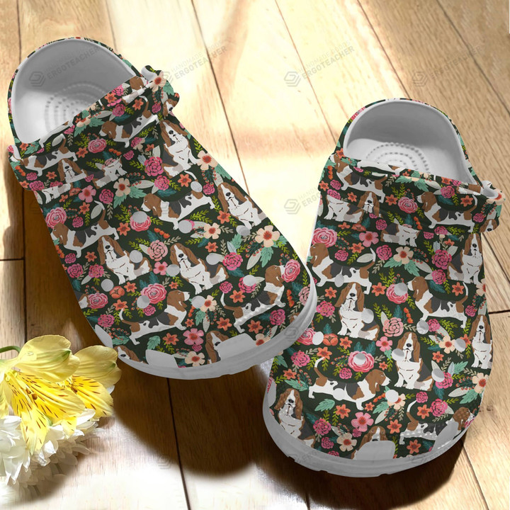Basset Hound Floral Crocs Crocband Clogs, Gift For Lover Basset Hound Crocs Comfy Footwear