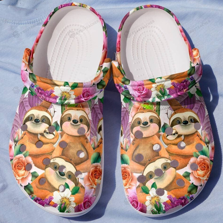 Happy Sloth Family Flower Crocs Crocband Clogs, Gift For Lover Sloth Family Crocs Comfy Footwear
