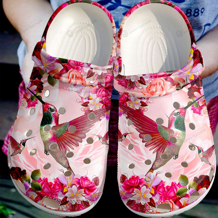 Hummingbird Rose Crocs Crocband Clogs, Gift For Lover Hummingbird Rose Crocs Comfy Footwear