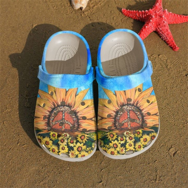 Hippie Sunflower Garden Crocs Crocband Clogs, Gift For Lover Hippie Sunflower Garden Crocs Comfy Footwear
