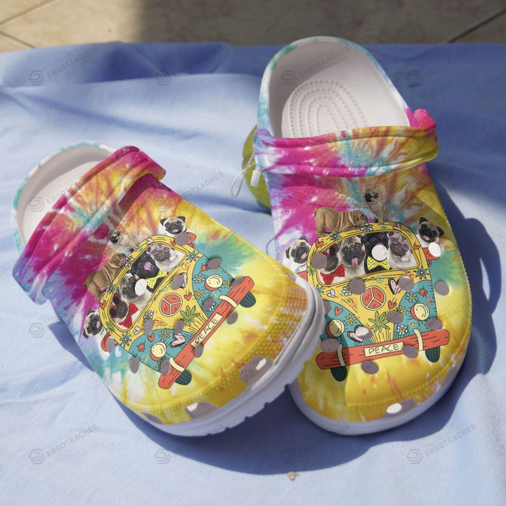 Hippie Whitesole Pugs Crocs Crocband Clogs, Gift For Lover Hippie Whitesole Pugs Crocs Comfy Footwear