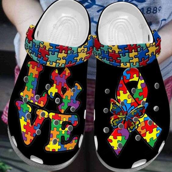Autism Awareness Day Love Butterfly Crocs Crocband Clogs, Gift For Lover Autism Awareness Day Love Butterfly Crocs Comfy Footwear