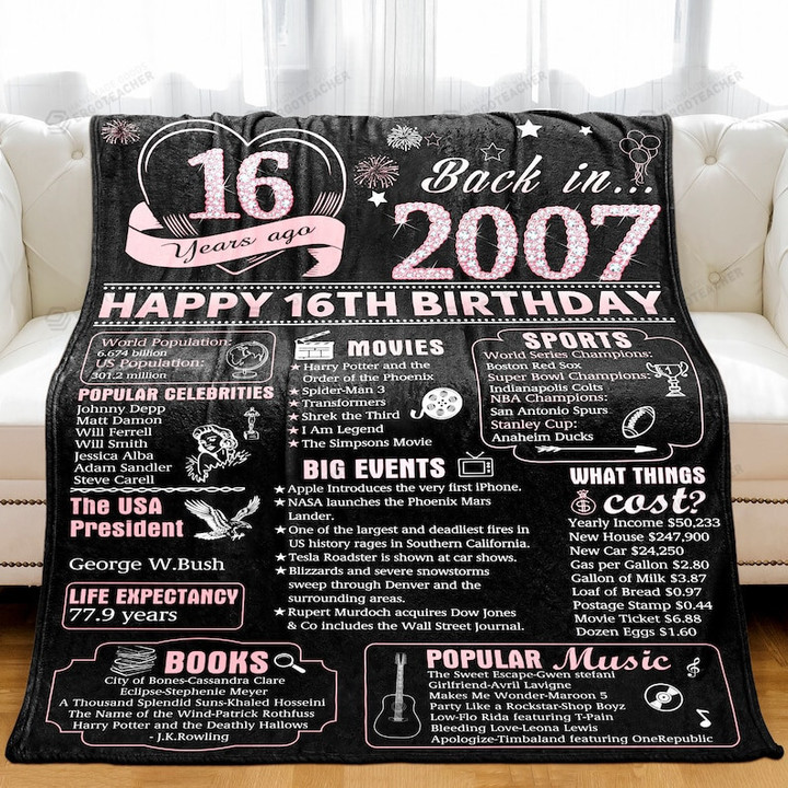 Happy 16th Birthday Blanket, Back In 2007 Blanket, 16th Birthday Gifts For Women For Men, 16th Birthday Decorations