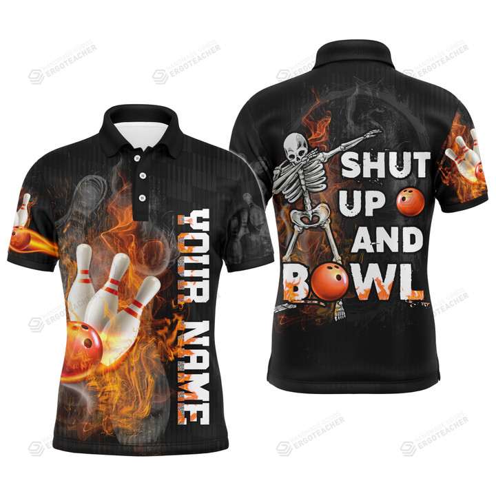 Shut Up and Bowl Personalized Unisex Polo Shirt, Flame Skull Unisex Golf Shirt