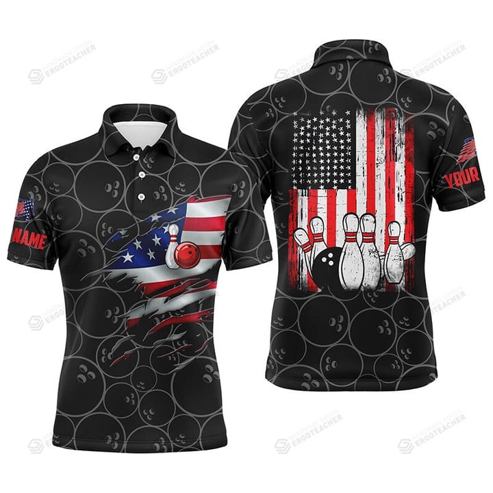 Black Bowling Personalized Unisex Polo Shirt, Vintage American Flag Golf Shirt