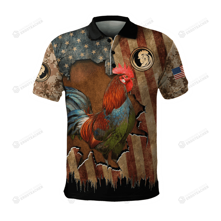 Vintage Rooster In Farm American Flag Polo Shirt