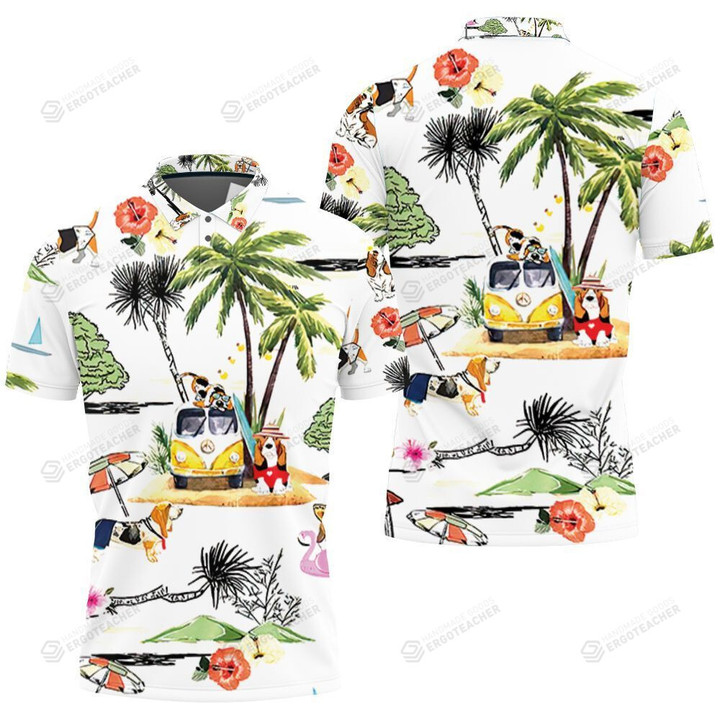 Basset Hound Hawaiian Beach Retro 3D Polo Shirt