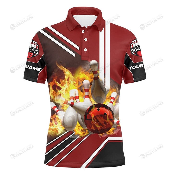 Personalized Unisex Flame Bowling Ball and Pins Polo Shirt, Bowling Gifts Golf Shirt