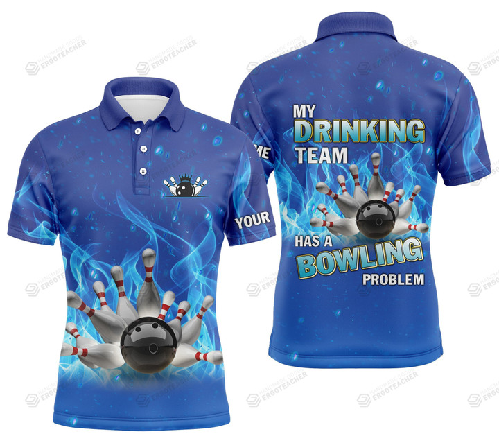 Personalized Unisex Blue Flame Bowling Ball and Pin Polo Shirt, My Drinking Bowling Gifts Golf Shirt