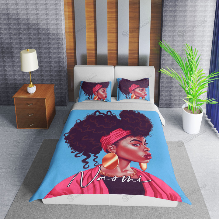 Personalized Black Girl Pink Head Wrap Wearing Necklace Duvet Cover Bedding Set