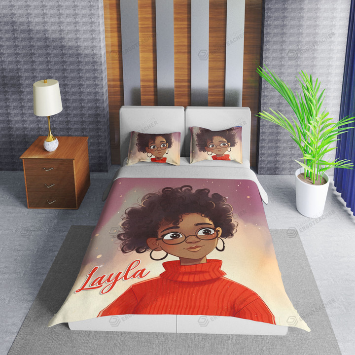 Personalized African American Black Girl Short Hair Duvet Cover Bedding Set