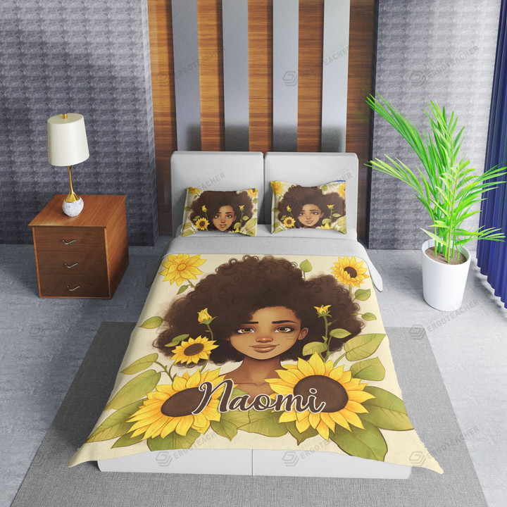Personalized Black Girl Sunflower Duvet Cover Bedding Set