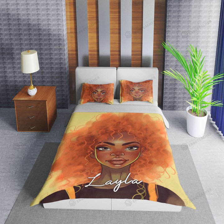 Personalized Black Girl Orange Afro Hair Duvet Cover Bedding Set