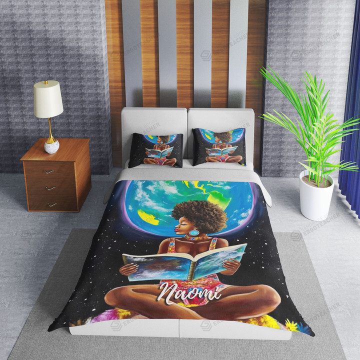Personalized Black Girl Is Reading Book Art Galaxy Duvet Cover Bedding Set