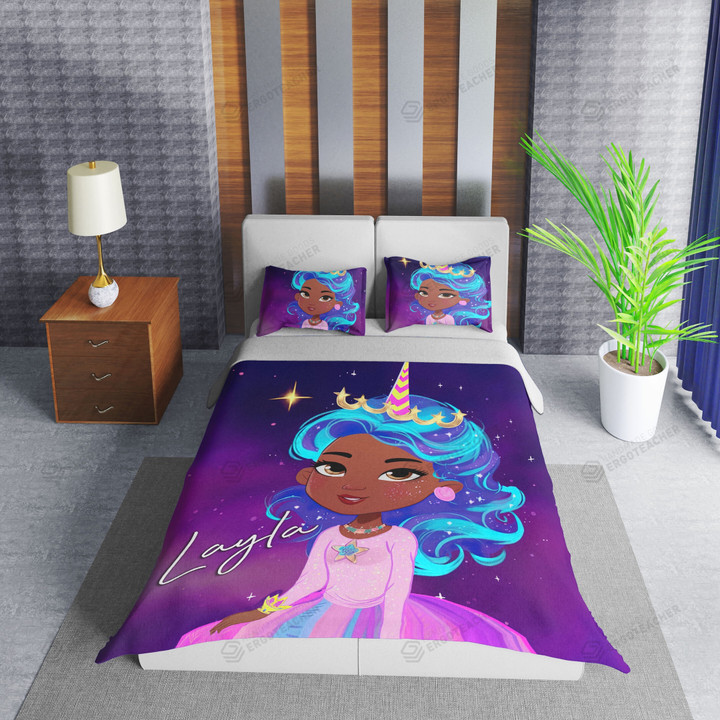 Personalized Cute Black Little Girl Unicorn Girl Duvet Cover Bedding Set