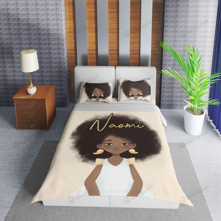 Personalized Black Little Girl In White Dress And Curly Hair Duvet Cover Bedding Sets