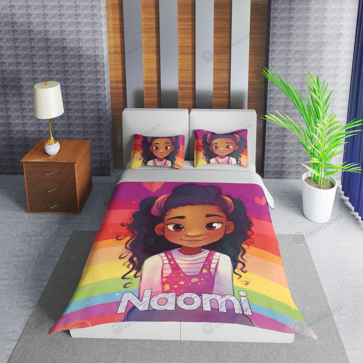Personalized Cutest Black Girl Rainbow Duvet Cover Bedding Set