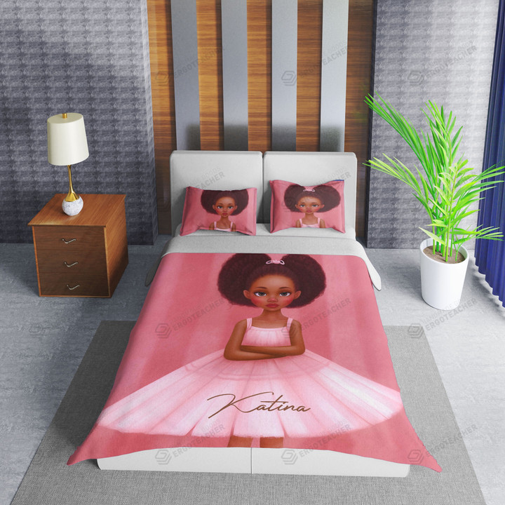 Personalized Black Little Girl Ballet Pink Duvet Cover Bedding Set