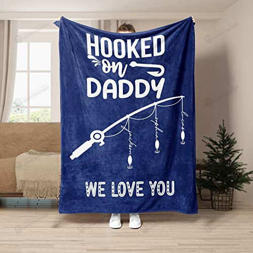 Fishing Dad Blanket Hooked On Daddy Blanket Dad With Kids Name Blanket Gifts For Daddy Papa Grandpa From Daughters Sons Kids Custom Name Blanket