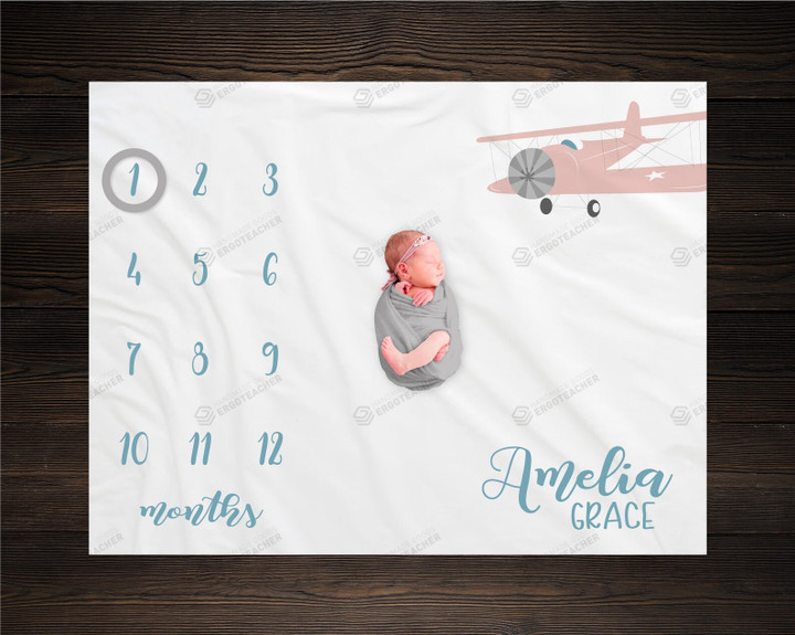 Personalized Airplane Monthly Milestone Blanket, Newborn Blanket, Baby Shower Gift Adventure Awaits Monthly Growth