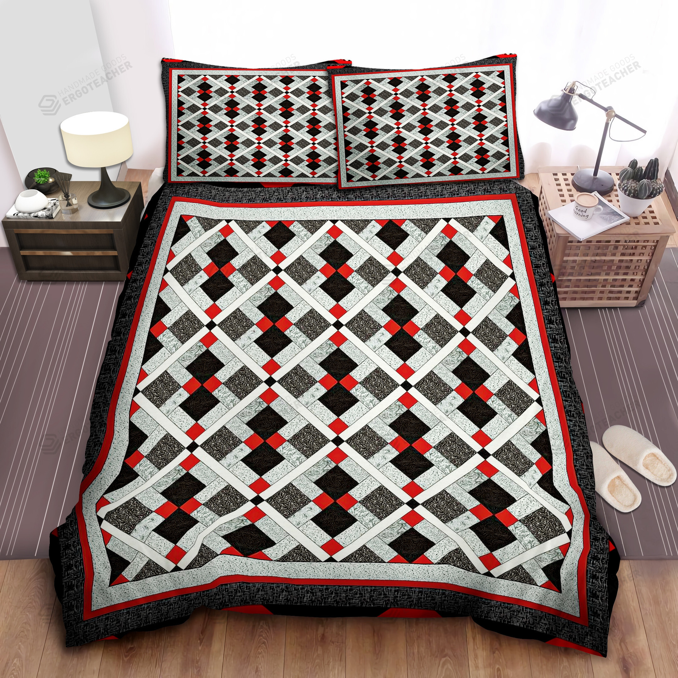 Red Black And White Pattern Diamond Bed Sheets Spread Duvet Cover Bedding Set