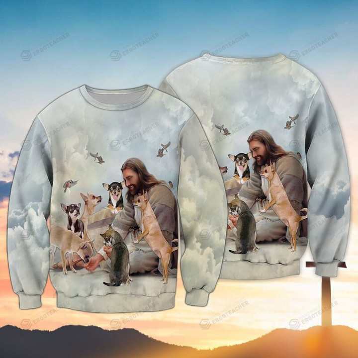 God surrounded By Chihuahua Ugly Christmas Sweater, All Over Print Sweatshirt
