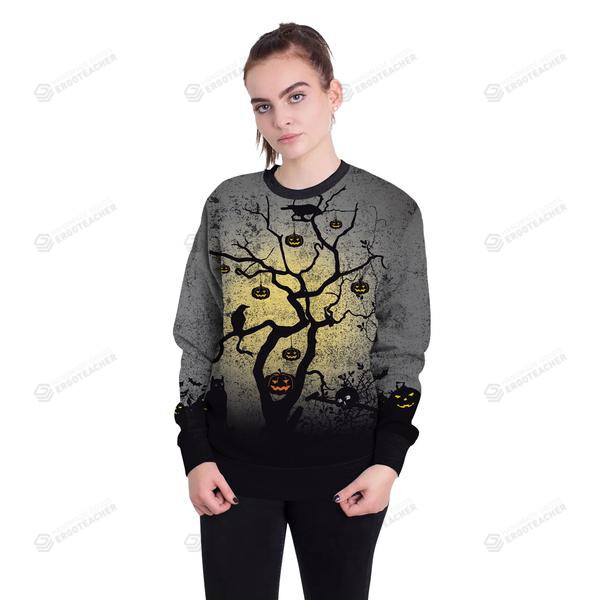Halloween Pumpkin Tree Round Neck Ugly Christmas Sweater, All Over Print Sweatshirt