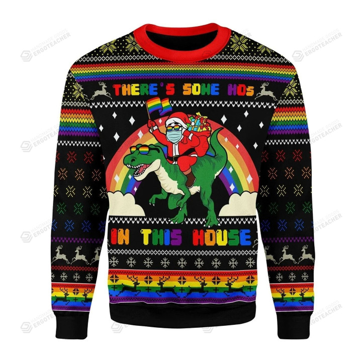 LGBT Flag Christmas Santa Clause And Dinosaur Ugly Christmas Sweater, All Over Print Sweatshirt