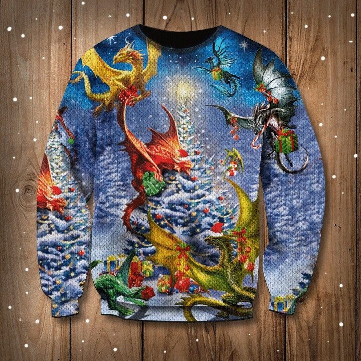 Dragon Family Around Christmas Tree Ugly Sweater