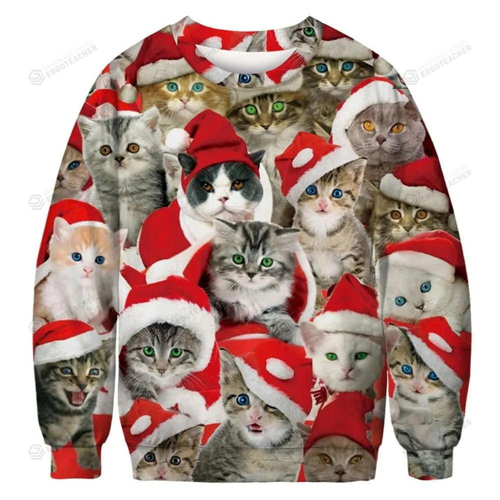 Adorable Cat With Red Hat Ugly Christmas Sweater