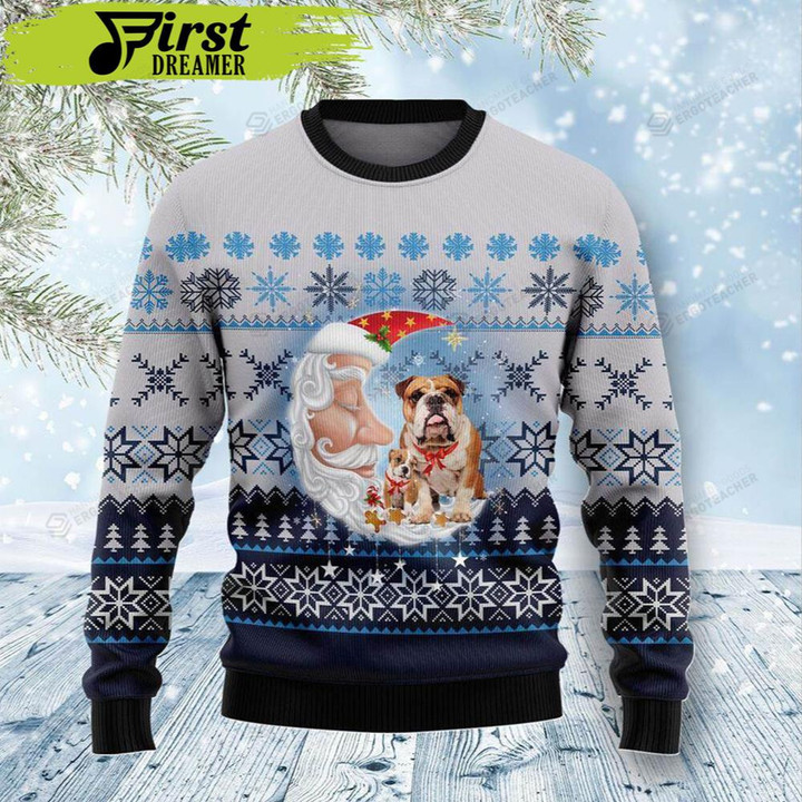 Bulldog Love Santa Moon Dog Christmas Ugly Sweater