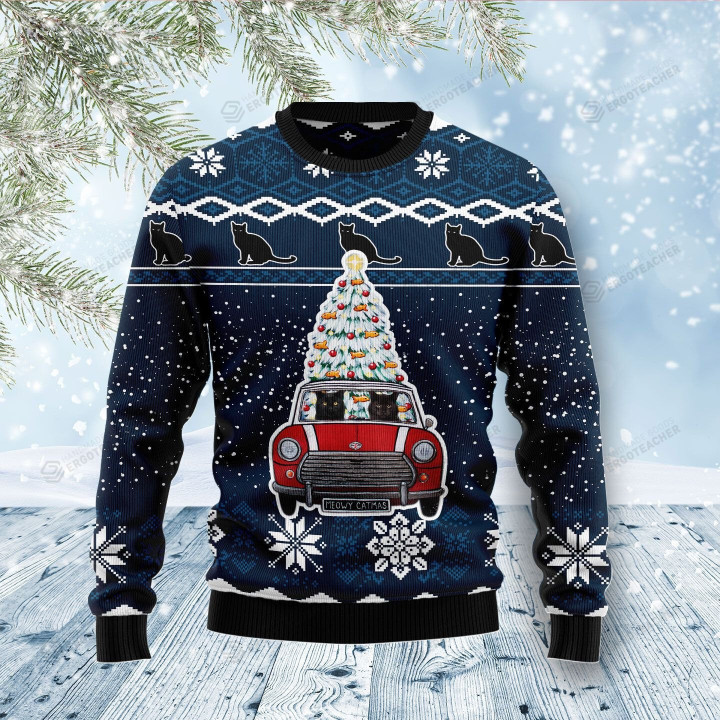 Black Cat Meowy Catmas Ugly Christmas Sweater, Black Cat Meowy Catmas 3D All Over Printed Sweater