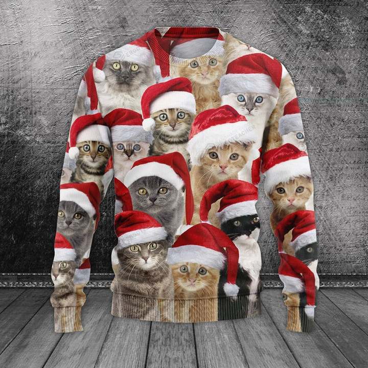 Cute Christmas Cat Ugly Christmas Sweater, All Over Print Sweatshirt