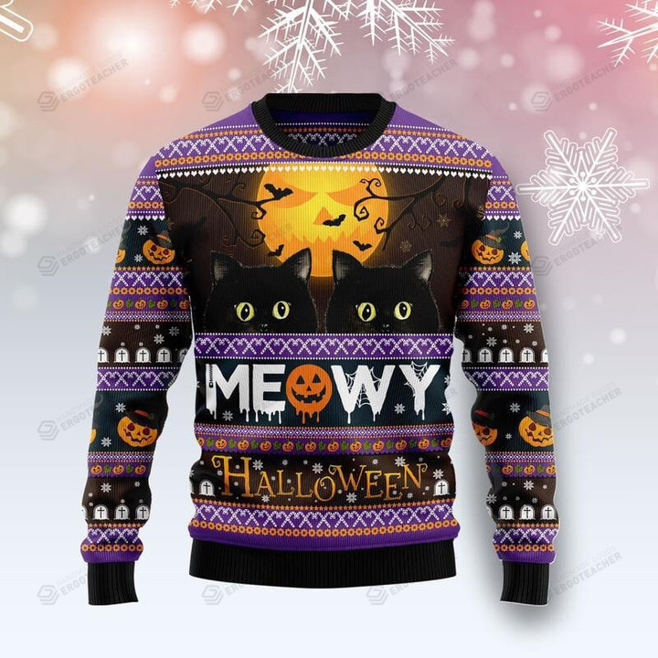 Black Cat Meowy Halloween Ugly Christmas Sweater, Black Cat Meowy Halloween 3D All Over Printed Sweater