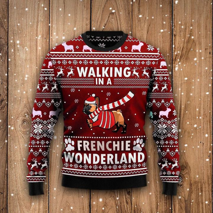 Walking In A Frenchie Wonderland Ugly Christmas Sweater, All Over Print Sweatshirt