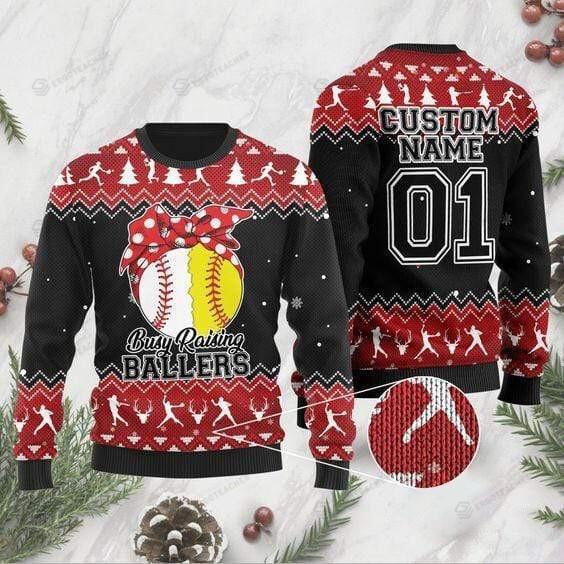 Busy Raising Ballers Softball And Baseball Ugly Christmas Sweater, All Over Print Sweatshirt
