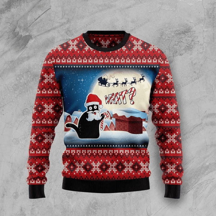 Black Cat What For Unisex Ugly Christmas Sweater, All Over Print Sweatshirt