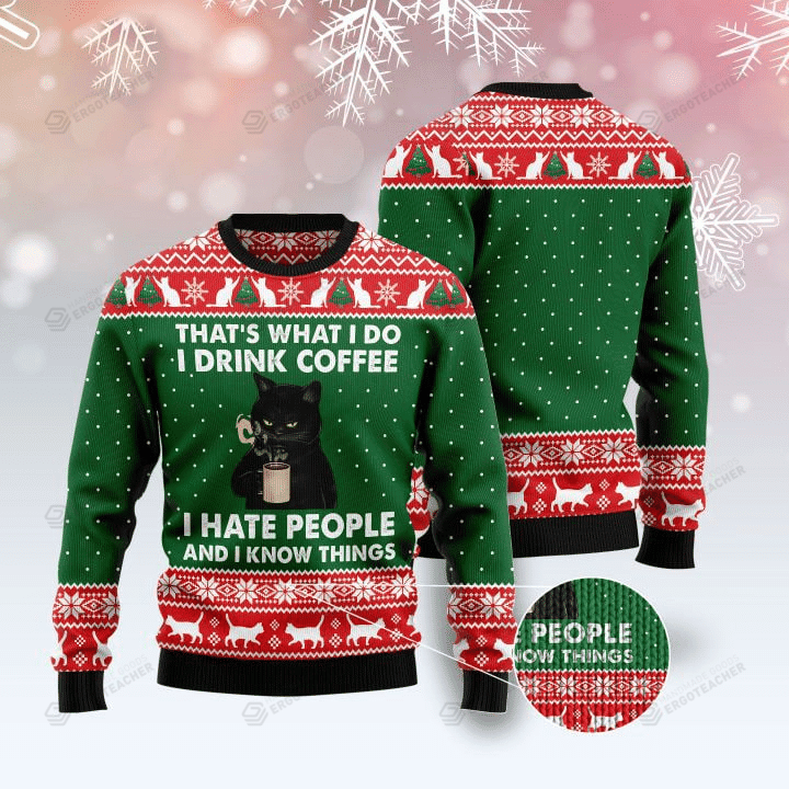 Black Cat Drink Ugly Christmas Sweater, All Over Print Sweatshirt