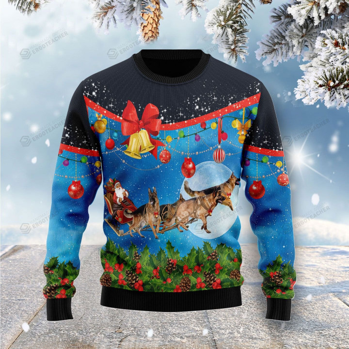 German Shepherd Sleigh Ugly Christmas Sweater, German Shepherd Sleigh 3D All Over Printed Sweater