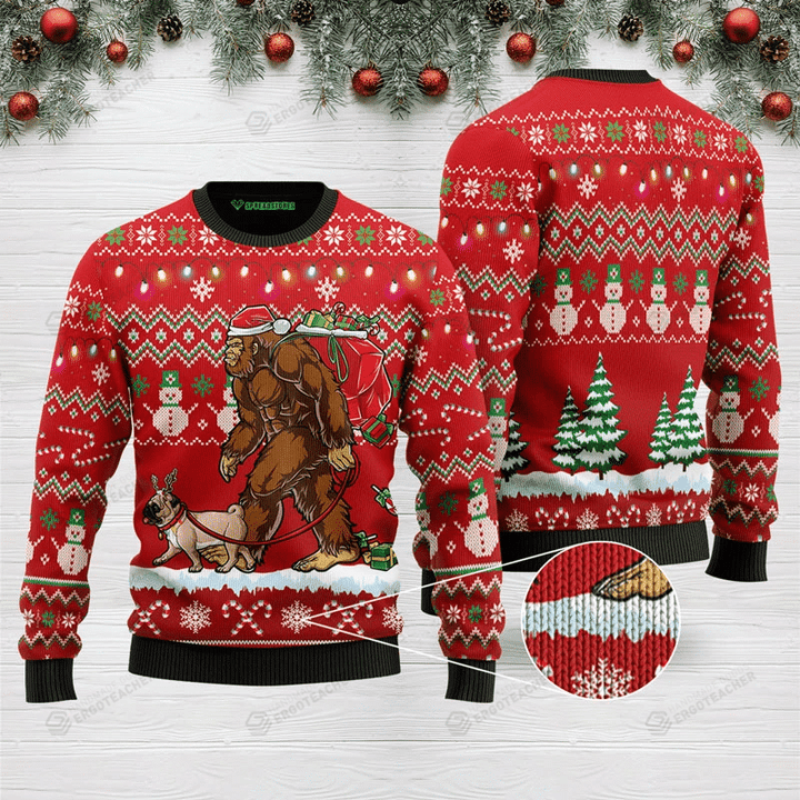 Bigfoot Pug Ugly Christmas Sweater, All Over Print Sweatshirt