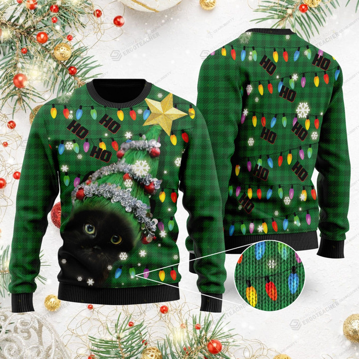 Ho Ho Ho Black Cat Christmas Tree Ugly Christmas Sweater, All Over Print Sweatshirt