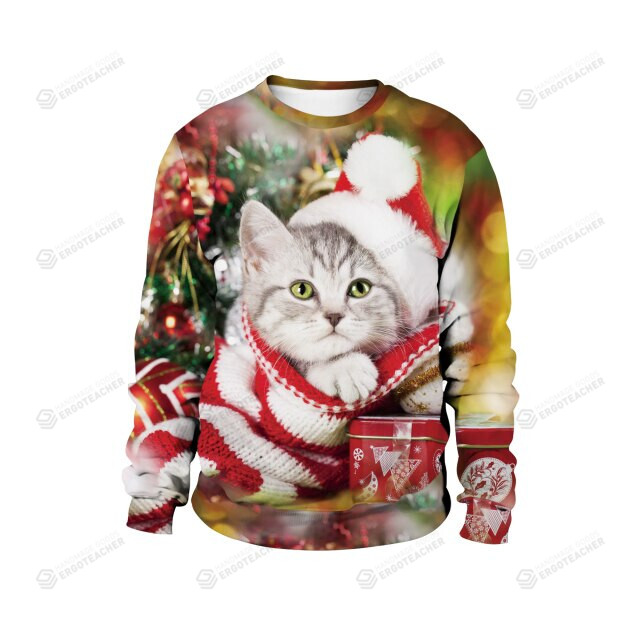 Merry Christmas Cute Cat Ugly Christmas Sweater, All Over Print Sweatshirt