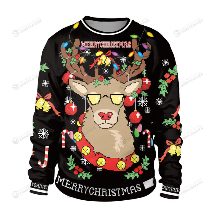 Glasses Deer 3D Black Crew Neck 3D Ugly Christmas Sweater