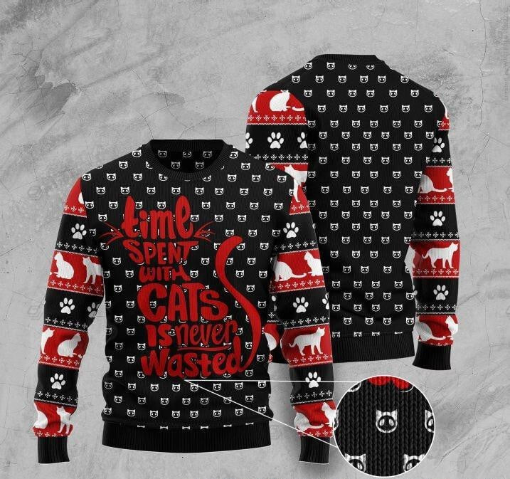 Time Spent With Cats Is Never Wasted Ugly Christmas Sweater, Time Spent With Cats Is Never Wasted 3D All Over Printed Sweater