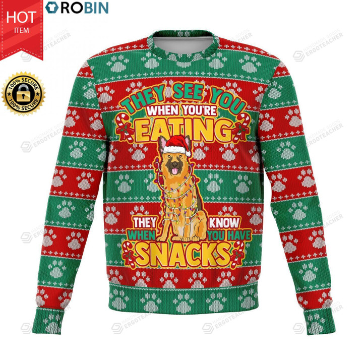 German Shephard See You Eating Snacks For Unisex Ugly Christmas Sweater, All Over Print