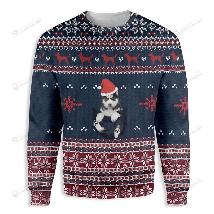 Siberian Husky In Pocket Ugly Christmas Sweater, All Over Print Sweatshirt